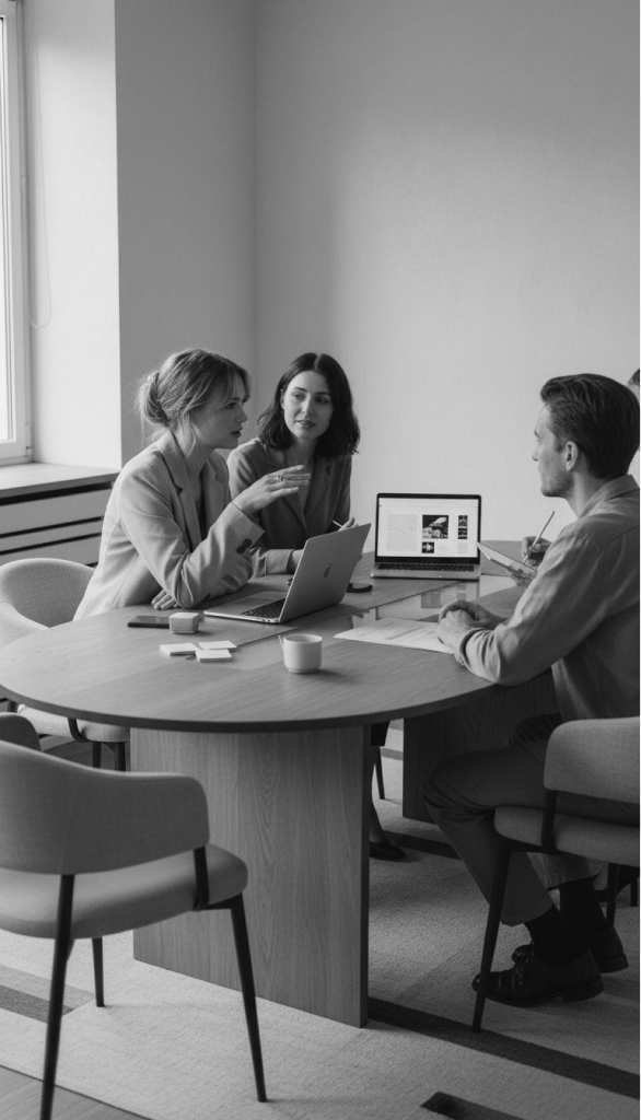 A team collaborating around a shared workspace table